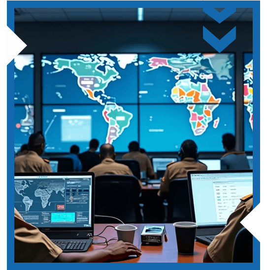 Learners participating in a training session with laptops and large world maps displayed on screens in a classroom setting